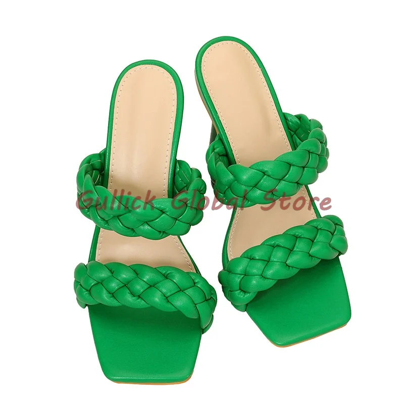 

Fashion Women Slides Green Knitted Fashion Style Belt PU Square Toe Stiletto Slippers Summer Dress Outside Comfortable Soft Cosy