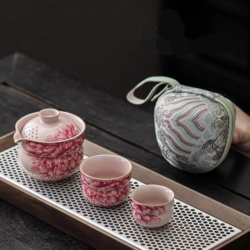 

Ru Kiln Pink Peony One pot and Two Cups Gourd Shaped Travel Tea Set Portable Quick Guest Cup Outdoor Camping Tea Pot and Cup Set