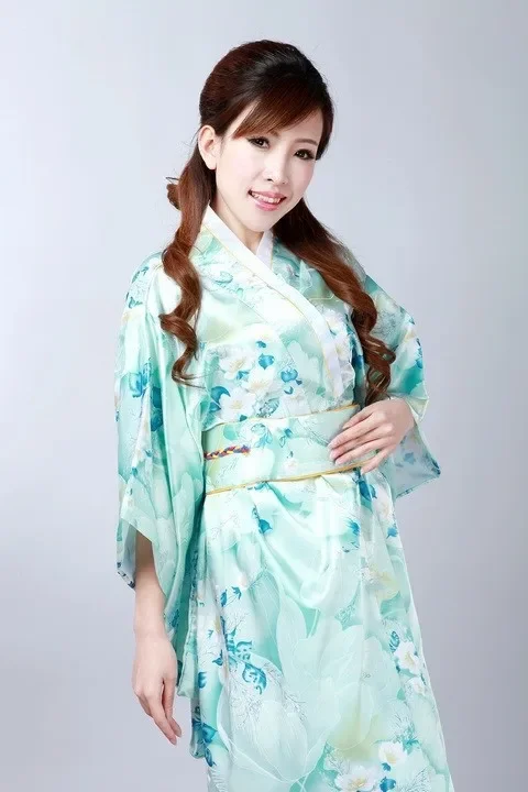 

Women's Silk Satin Kimono Yukata Evening Dress Flower One Size H0047 Fashion Light Blue Japanese