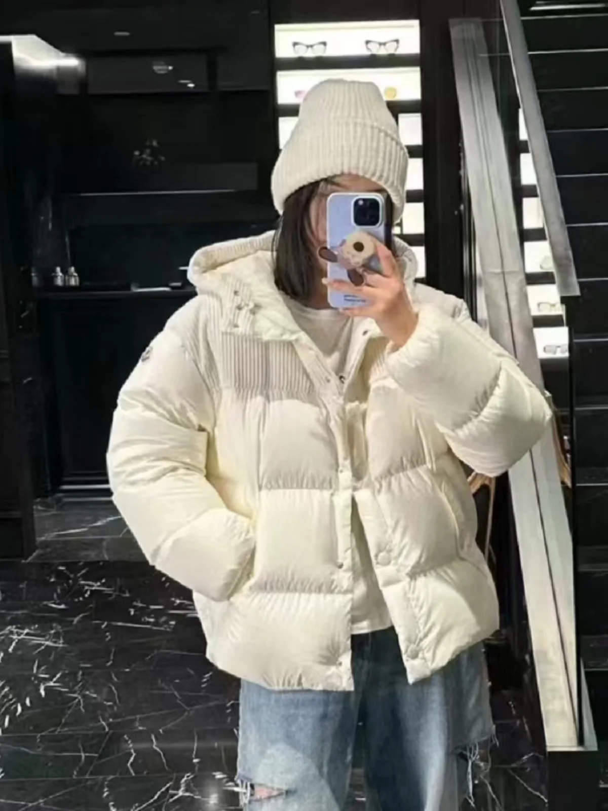 

American Casual Plaid Soft Fluffy White Hooded Bread Style Goose down Jacket Street Style Straight Cut High Fill Power