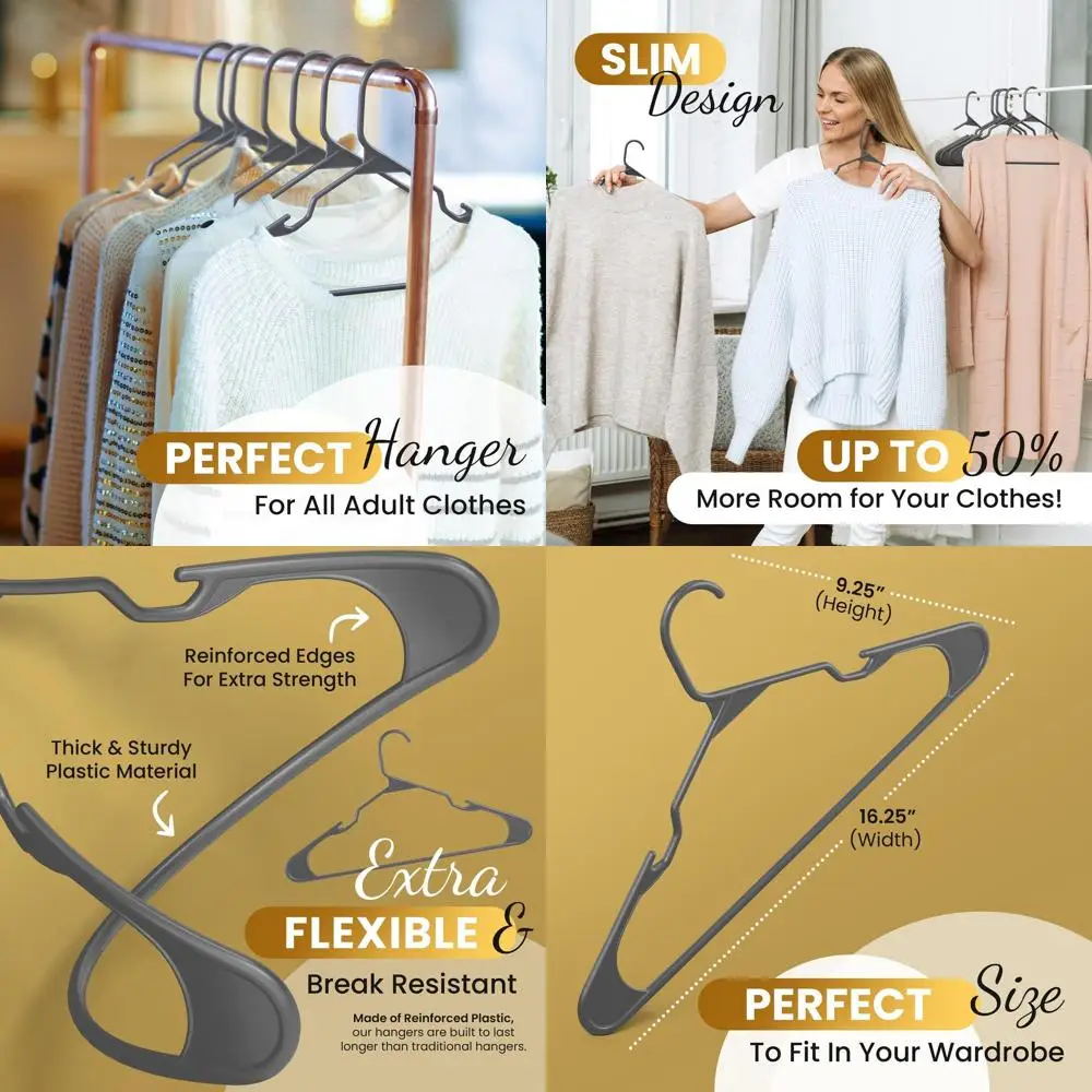 

Набор из 200 прочных пластиковых вешалок для рубашек, брюк, пальто, платьев, юбок и костюмов — утолщенные, с крючками для плеч, серые