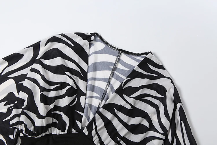 Weird Puss Kleid mit Zebra-Print und Patchwork-Design, Damenmode, sexy, tiefer V-Ausschnitt, Netzstoff, Puffärmel, gerafftes, schickes Abendkleid für Partys und Clubs, figurbetont. – Detail 6