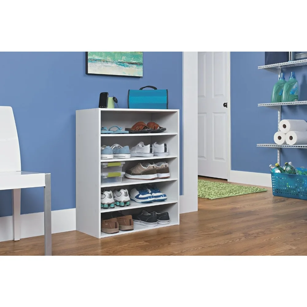 5-Shelf Stackable Shoe Organizer, White - Durable Laminate Storage Rack for Home