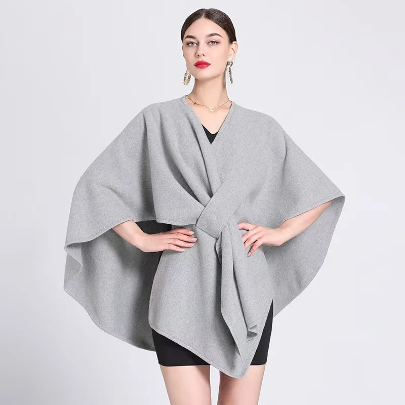 Fashion Side Strap Soft Wool Blends Poncho Cape Coat Autumn Winter Women Cardigan Shawl Cloak