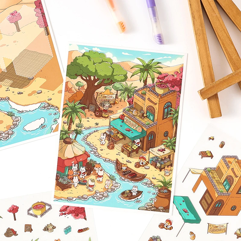 Mr.Paper, süßes Landschafts-Stickerbuch, 3 Blatt/Packung, Kawaii Panda Desert Oasis Resort-Aufkleber, Familienhandbücher, Scrapbook-Dekoration