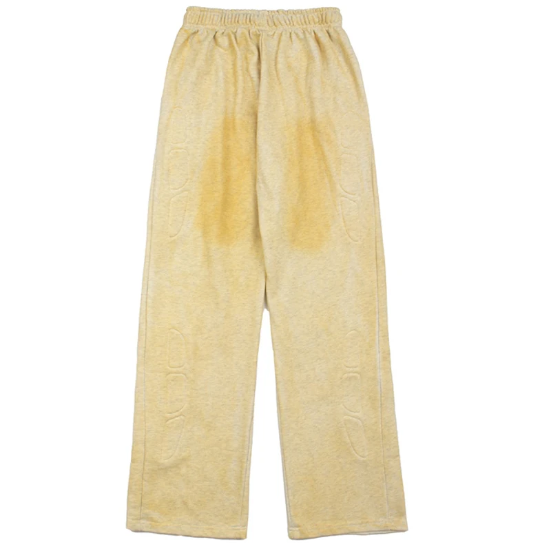 American Retro Yellow Washed Vintage Wide Leg Satoshi Nakamoto Sweatpants Unisex Embossed Elastic Waist Straight Casual Pants