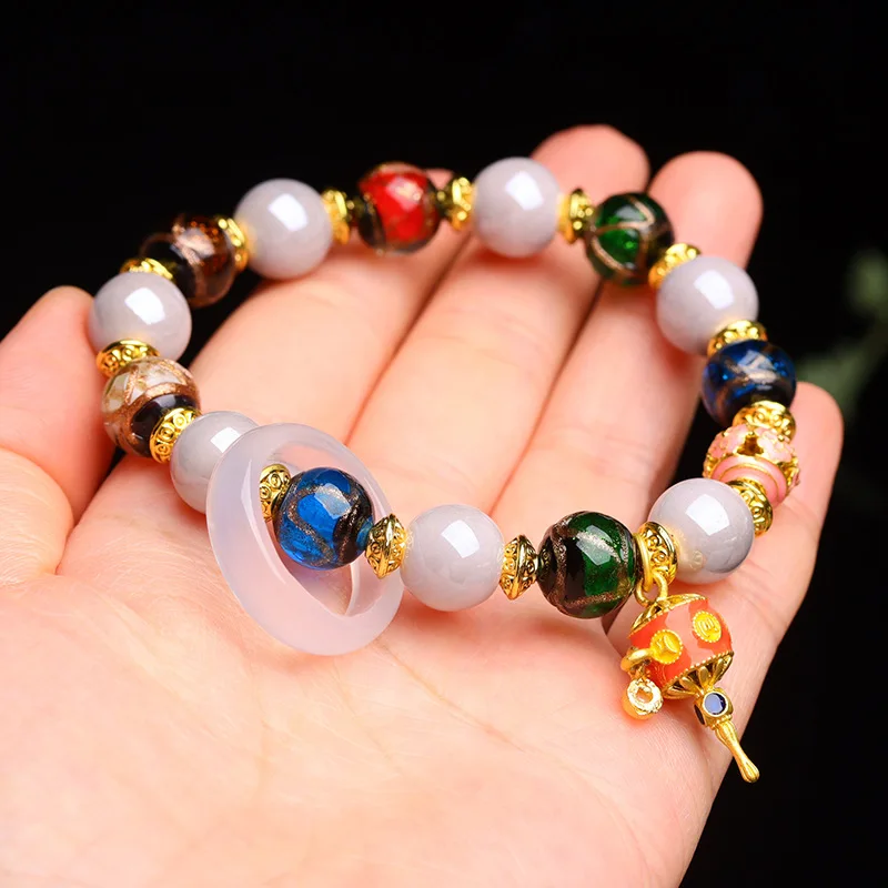 Pink Gray Porcelain Five-Color Multi-Gem Glass Gold Leaf Single Circle Bracelet with Spinner Ring Unisex Couple Fashion Jewelry