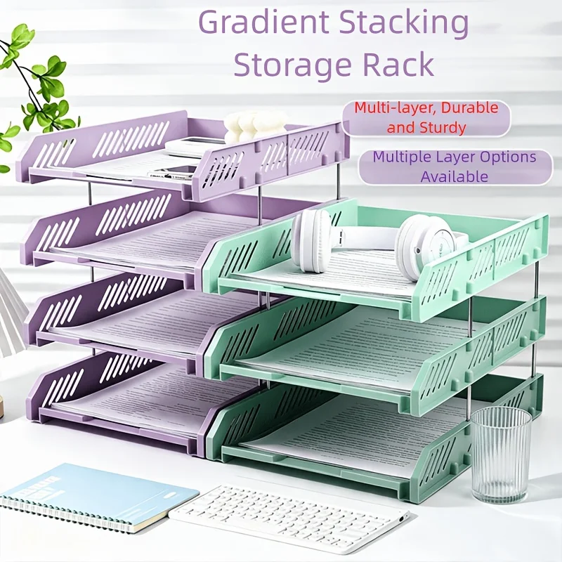 (Gradual Purple) 4-Layer Detachable Thickened Plastic File Box, Stackable Desktop File Basket for Paper & Stationery Storage