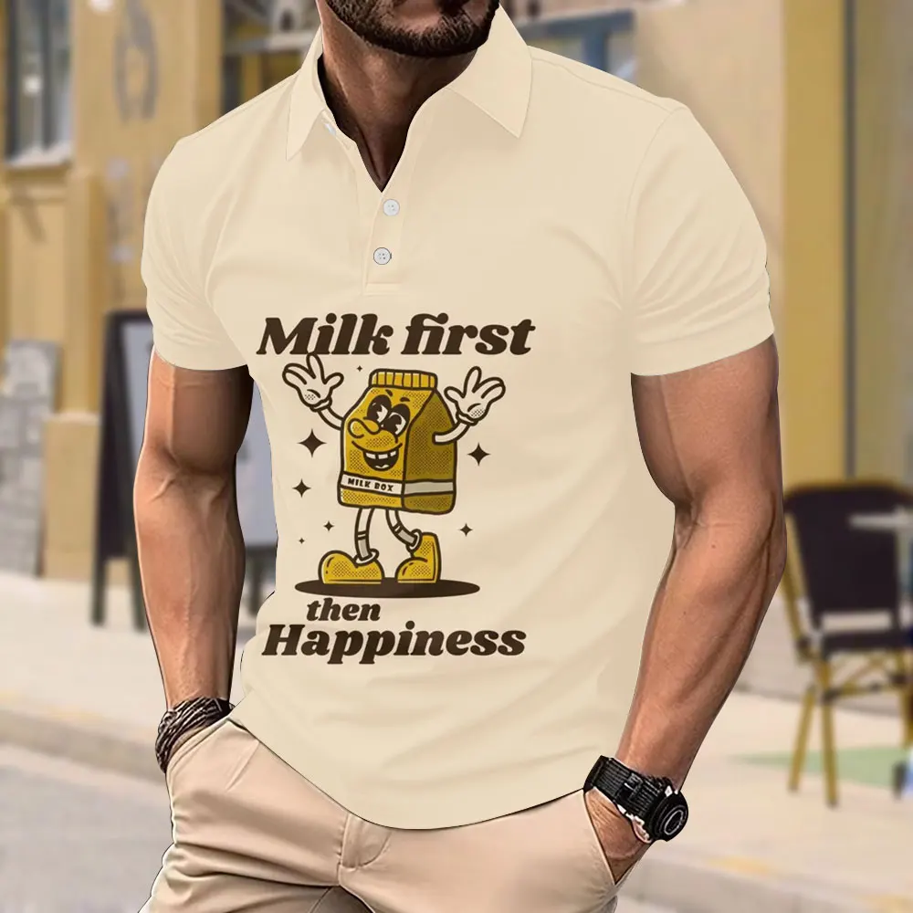 2024 Fun Cartoon 3d Printed Short Sleeve T-shirt Polyester Mens Lapel Button Short Sleeve Top Trendy Loose Large Size Polo Shirt