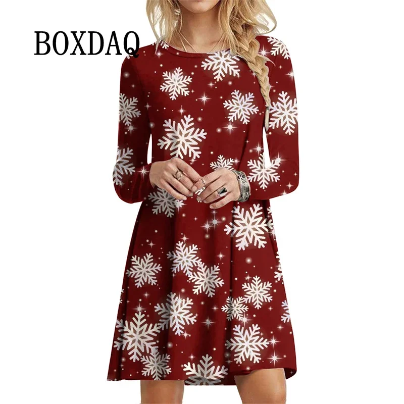 Winter New Women Dress Festival Christmas Party Mini Dress Snowflake Print A-Line Dress Autumn Casual Long Sleeve Femme Robe