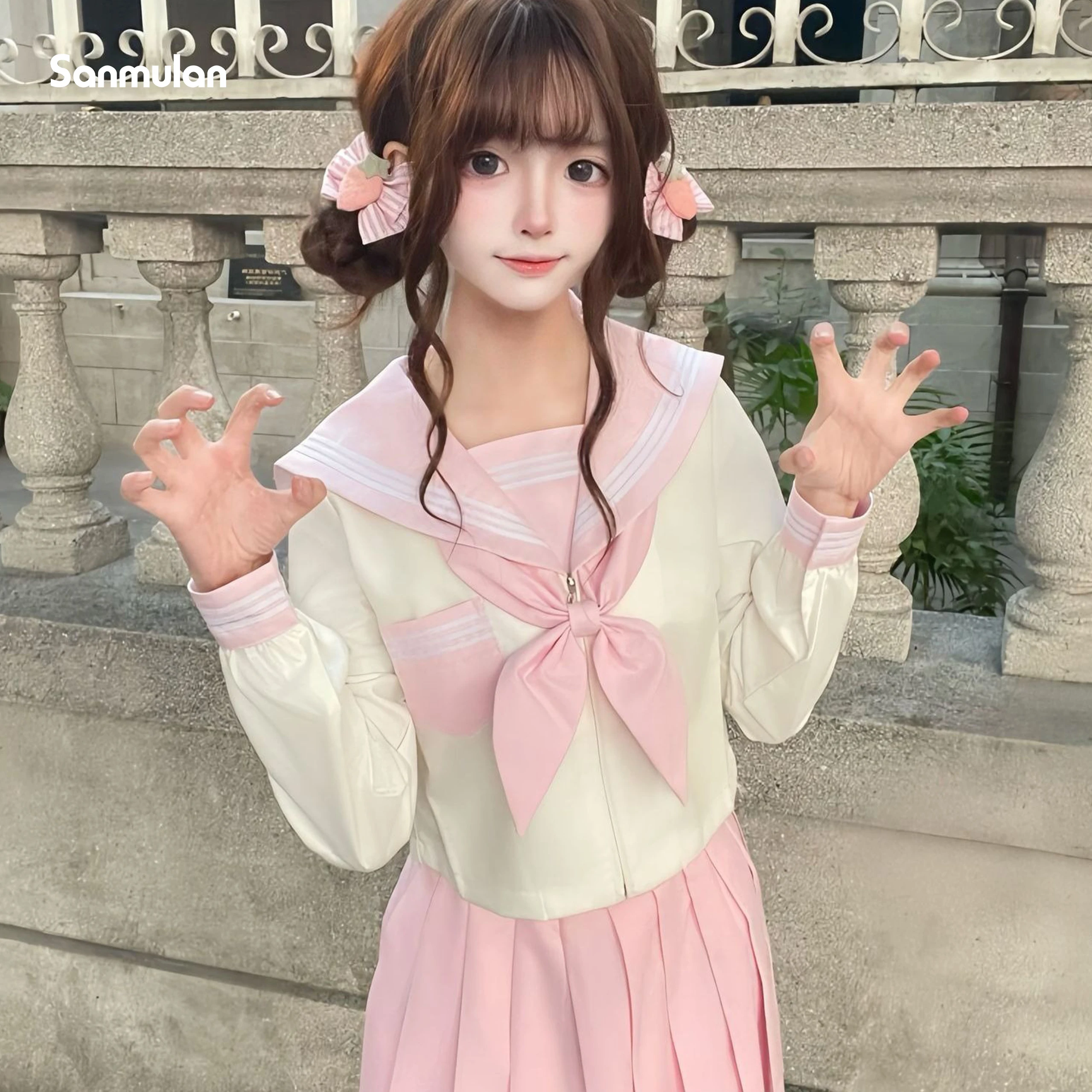 日本と韓国風のピンクjk制服ベーシックセーラー服可愛いセットスクールユニフォームカレッジスタイル