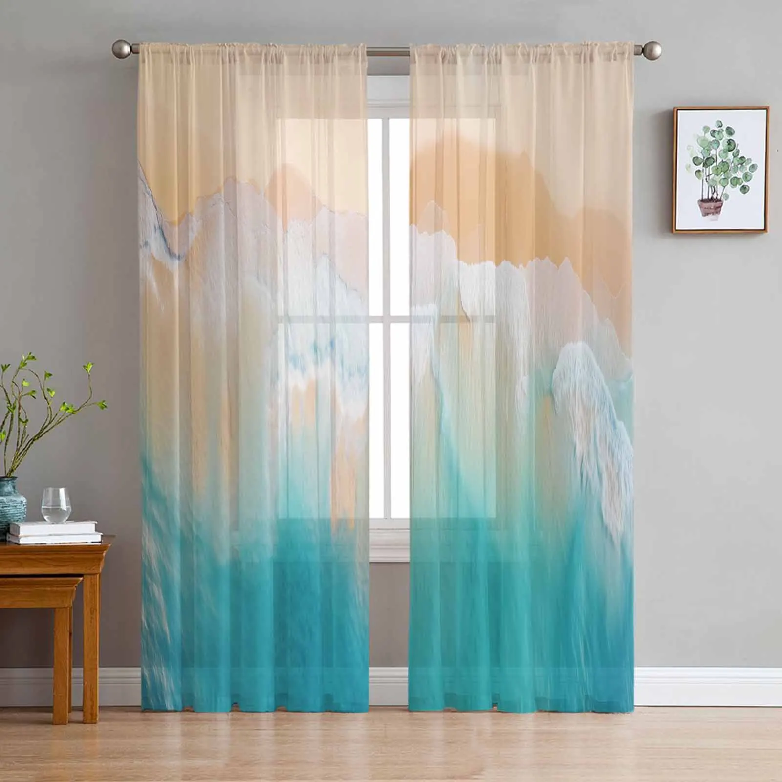 

Summer Ocean Beach Tulle Curtains for Living Room Bedroom Modern Chiffon Sheer Voile Kitchen Window Curtain