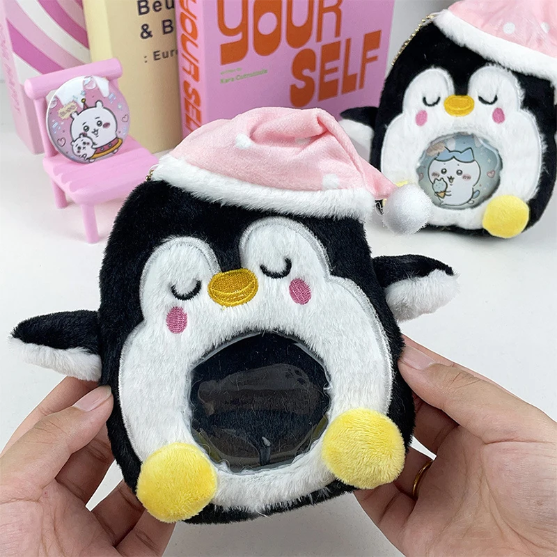 Desenhos animados Animal Sleepcap Penguin Plush Card Set, Chaveiro, Rodada foto titular do cartão, pingente, chaveiro para mulheres, estudantes, exibição de fotos