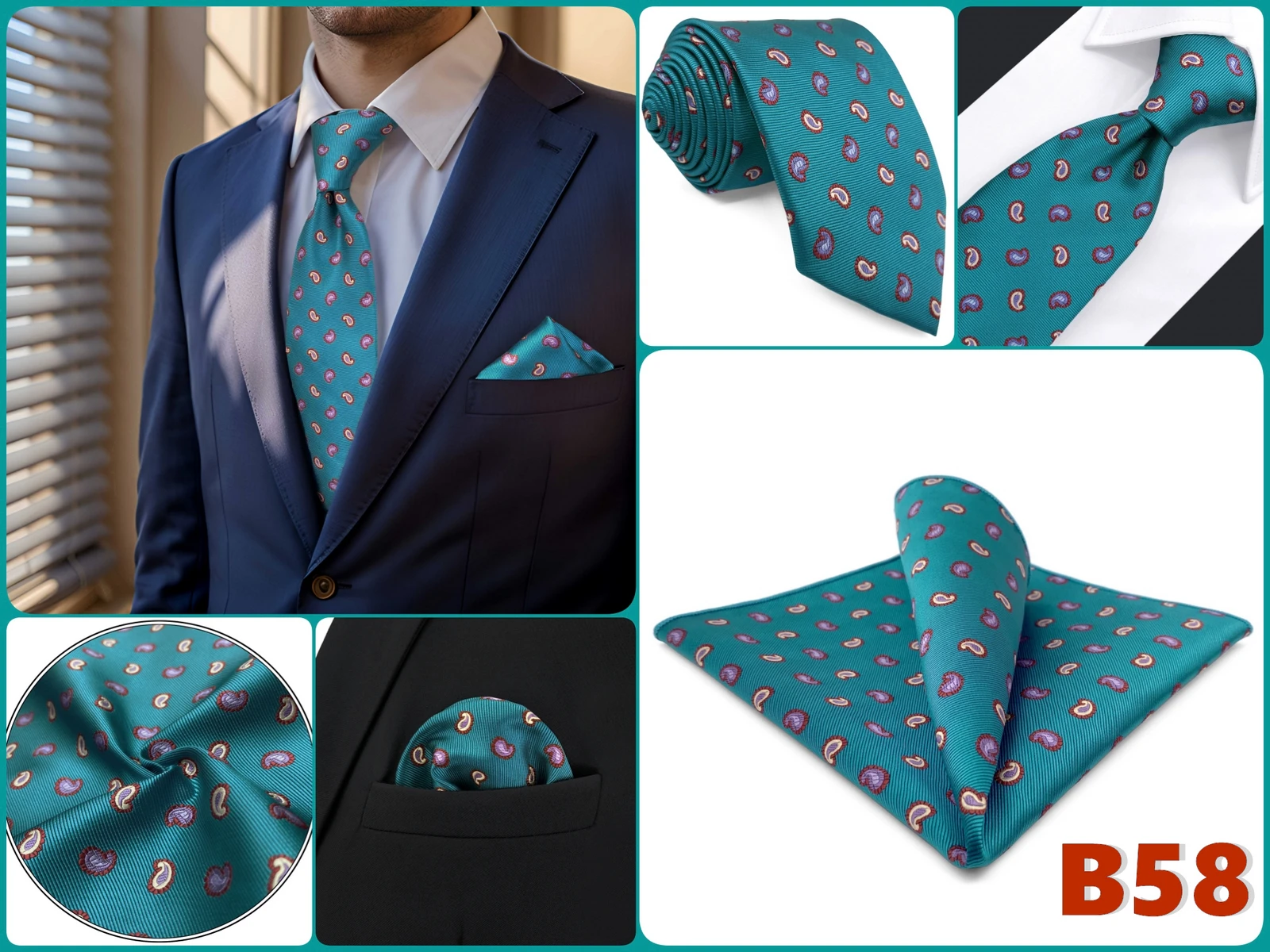 Mens Tie Pocket Square Set Blue Green Classic Business Acceossories Necktie Handkerchief 147cm Paisley Stripes Dots Elegant