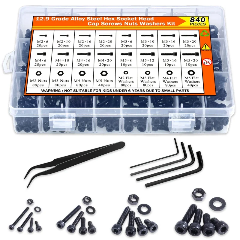 840PCS M2 M3 M4 M5 Socket Head Screw Nut Kit, 12.9 Alloy Steel Metric Bolt Set with Box & 4 Hex Wrenches, DIN 912 Black