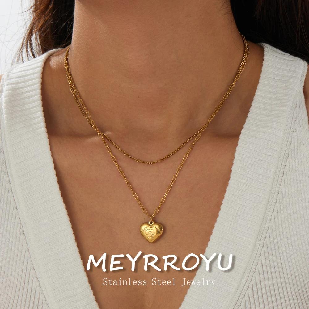 MEYRROYU 316L Stainless Steel Golden Heart Pendant Double-layer Necklace Lady Classic Waterproof GRANDMOTHER's Neck Chain Gift