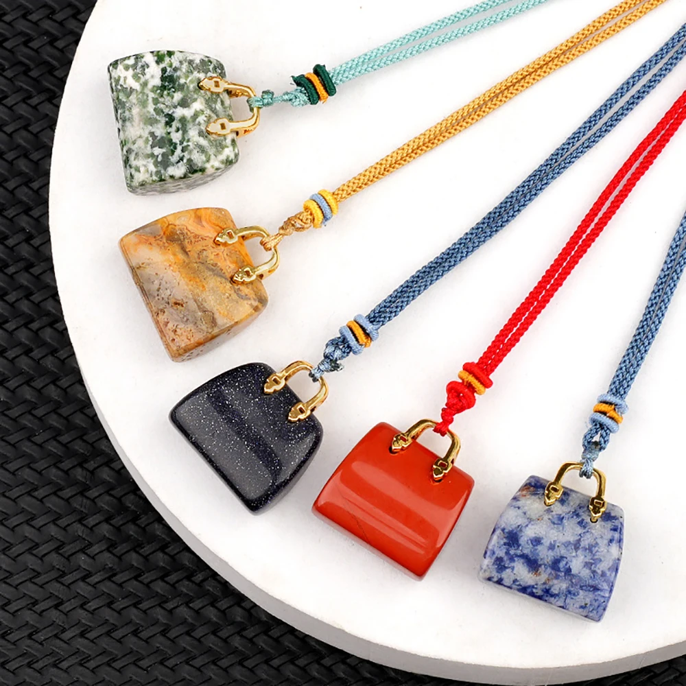 Natural Mini Stone Carved Handbag Healing Crystals Bag Shape Craft Home Decor DIY Hanging Ornament with Braided Rope Couple Gift