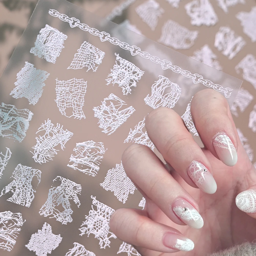 1Pcs White Lace Fabric Nail Art Sticker 5D Embossed Elegant Hollow Sexy Lace Mesh Self-adhesive Nail Decals Wedding Manicure Dec
