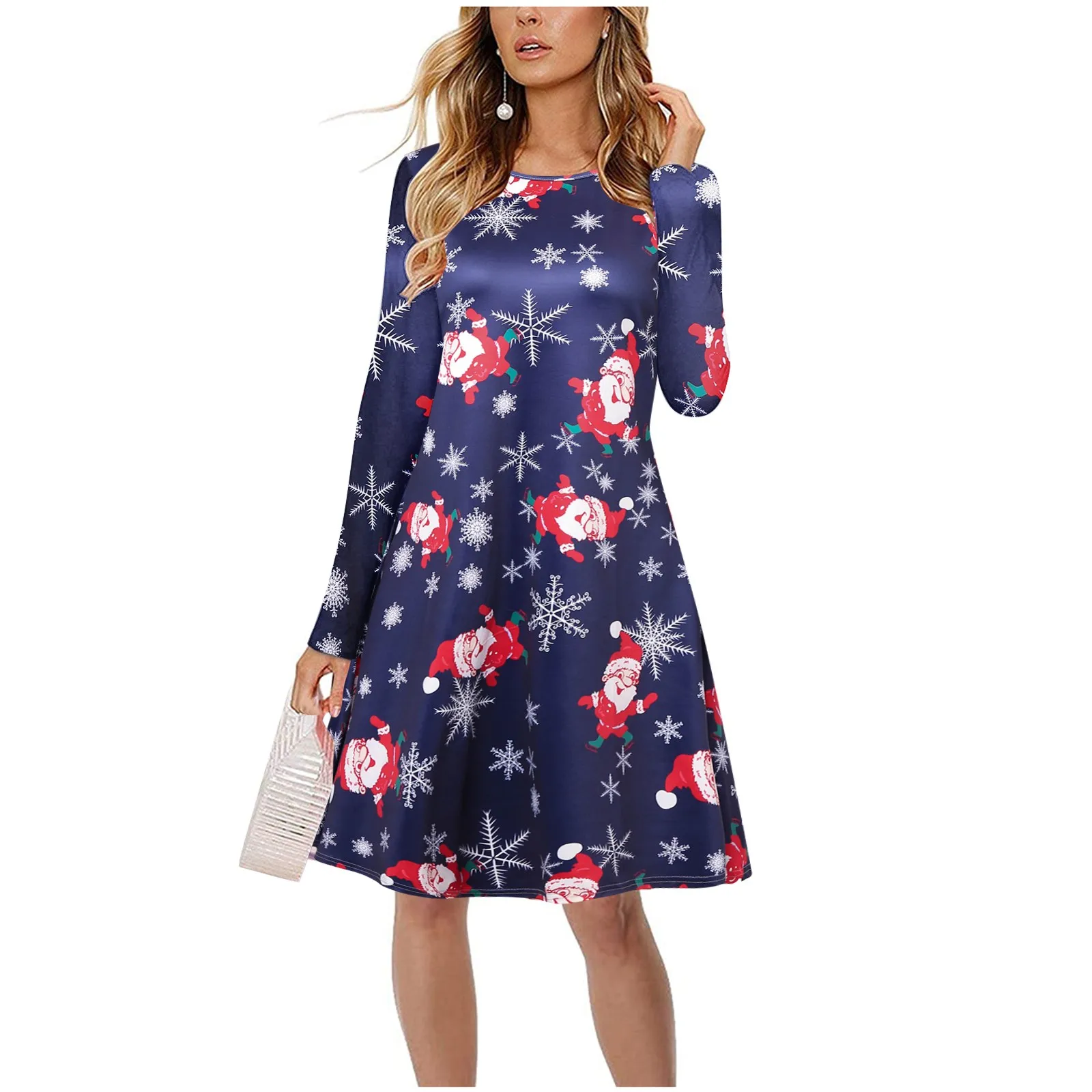 

Women Christmas Party Dress Cute Snowflake Santa Print Long Sleeve Round Neck Loose Casual Swing Dresses 2023 Hot Sale Vestidos