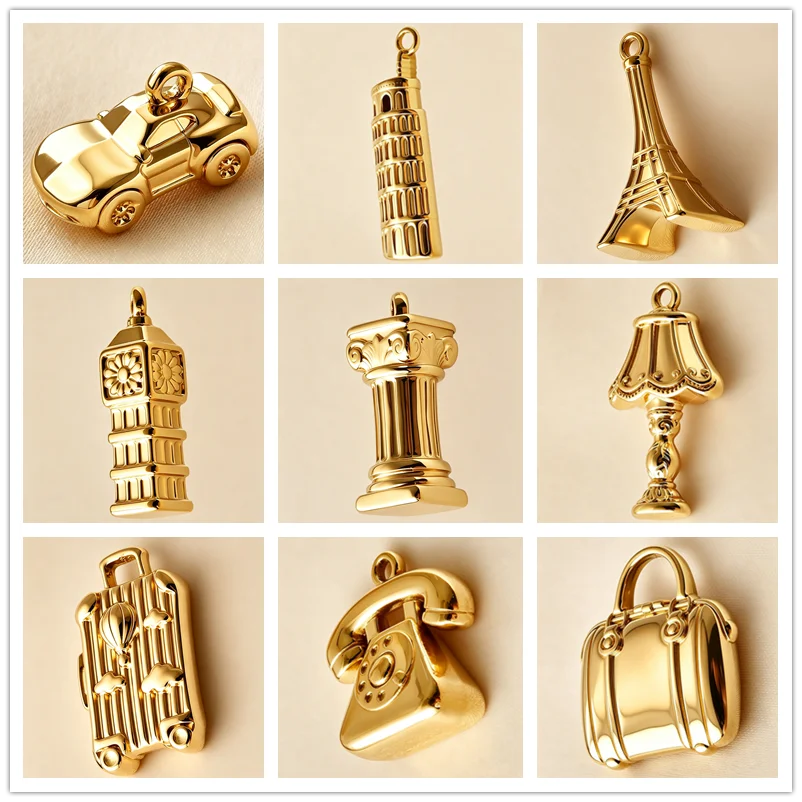 4pcs Gold Color Tour Eiffel Tower Telephone Car Charm 316 Stainless Steel Pendants For Jewelry Making Keychains DIY Accessories