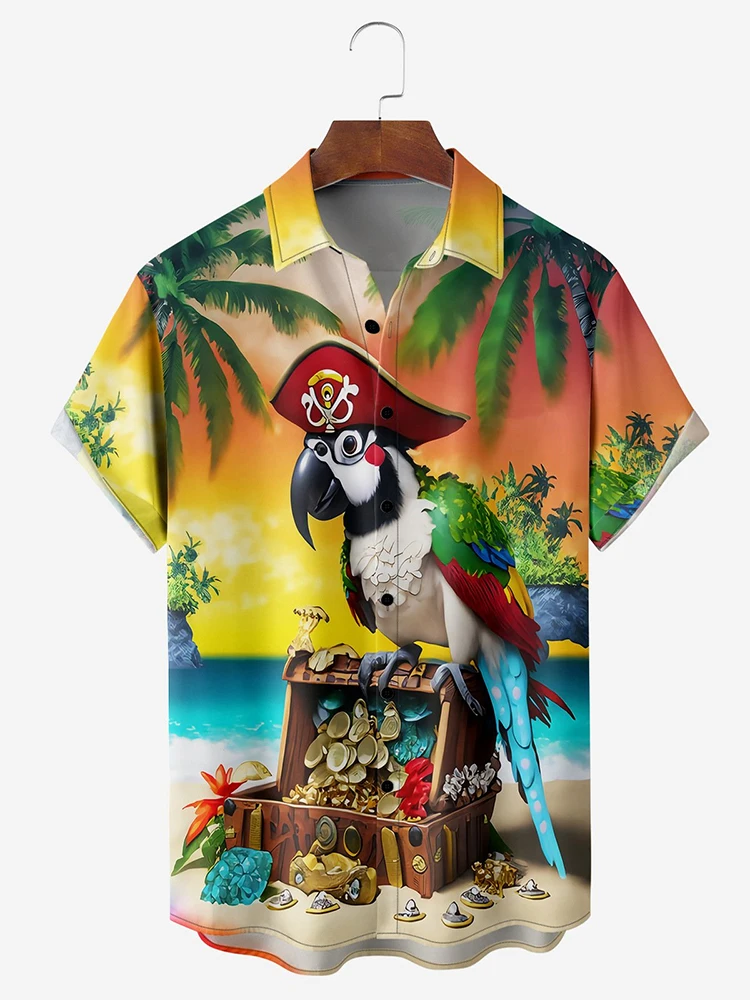 Fashionable Hawaiian Men\'s Short-sleeved Shirt Seaside Parrot Print Men\'s Casual Shirt Summer Vacation Beach Party Men\'s Shirt