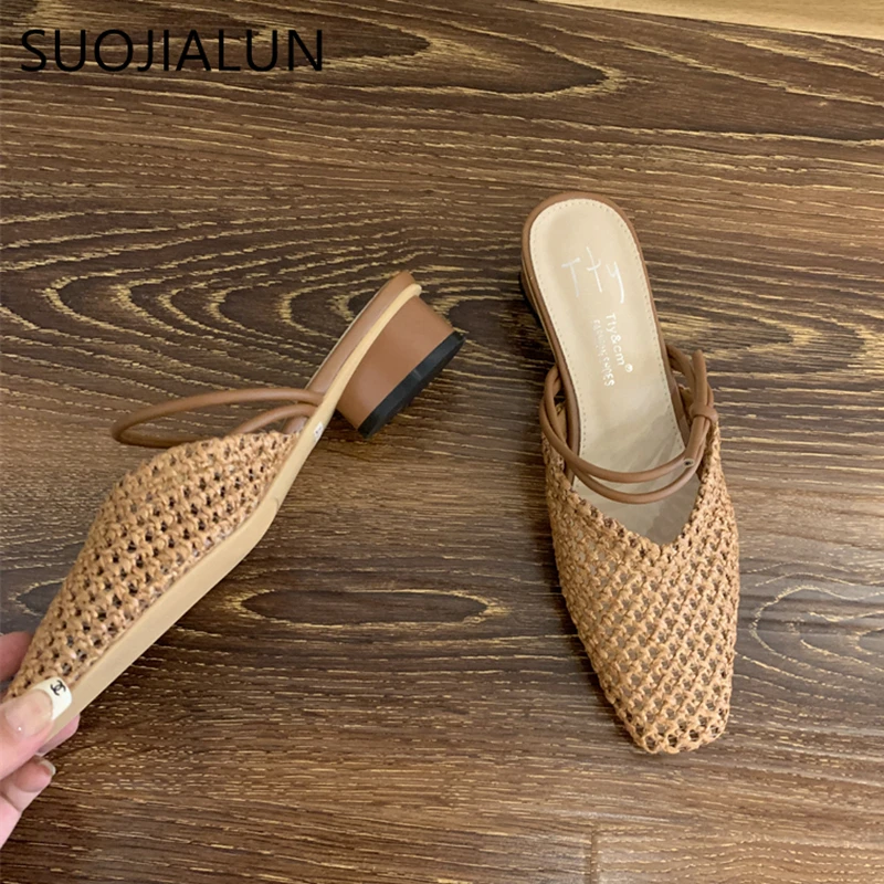 SUOJIALUN Summer New Women Slip On Mules Shoes Fashion Cane Weave Ladies Sandal Shoes Square Low Heel Outdoor Casual Slipper