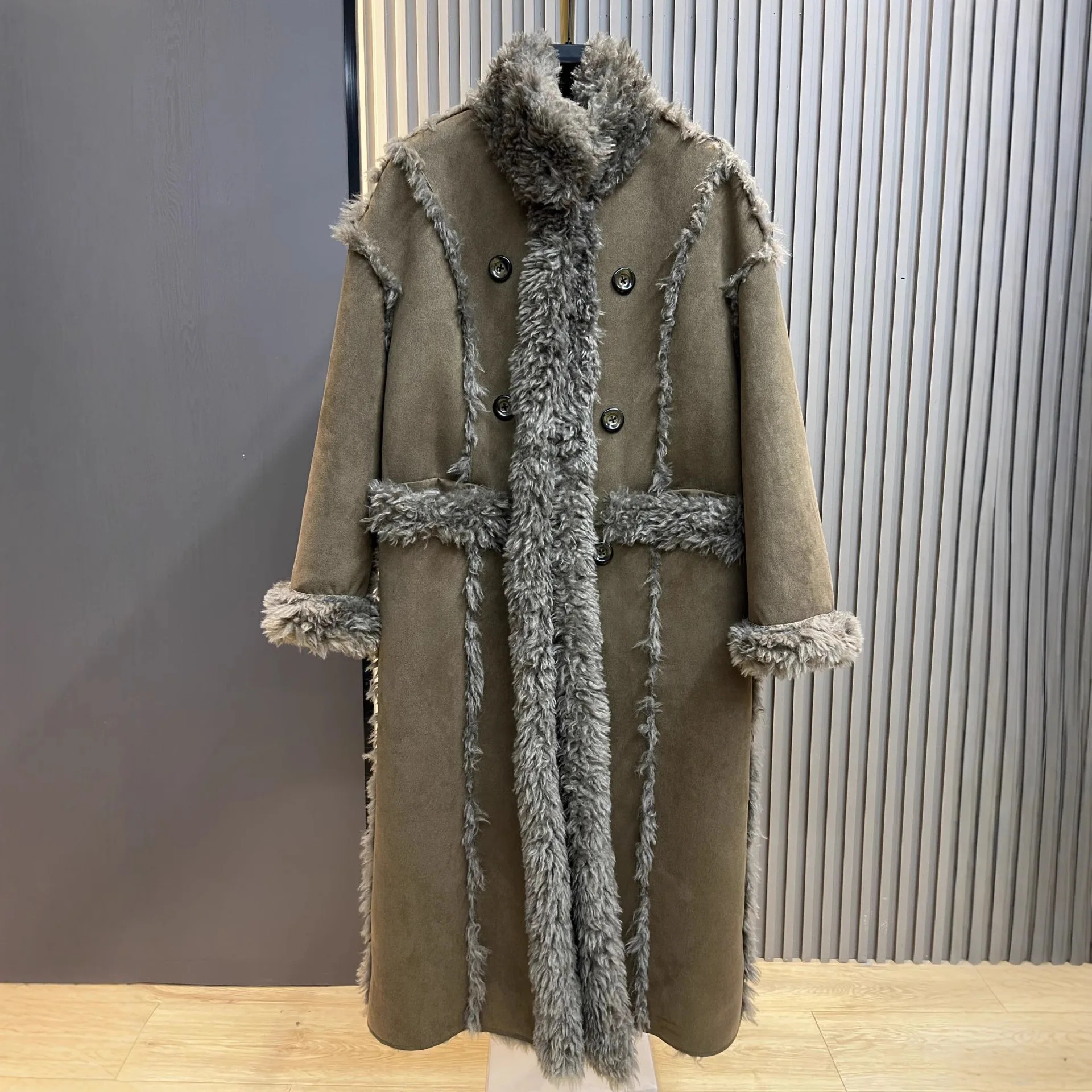 معطف طويل للنساء شتاء 2025 جديد تقليد فرو الضأن الوقوف طوق عكسها معطف الشتاء معطف المرأة معاطف طويلة فو الفراء #5