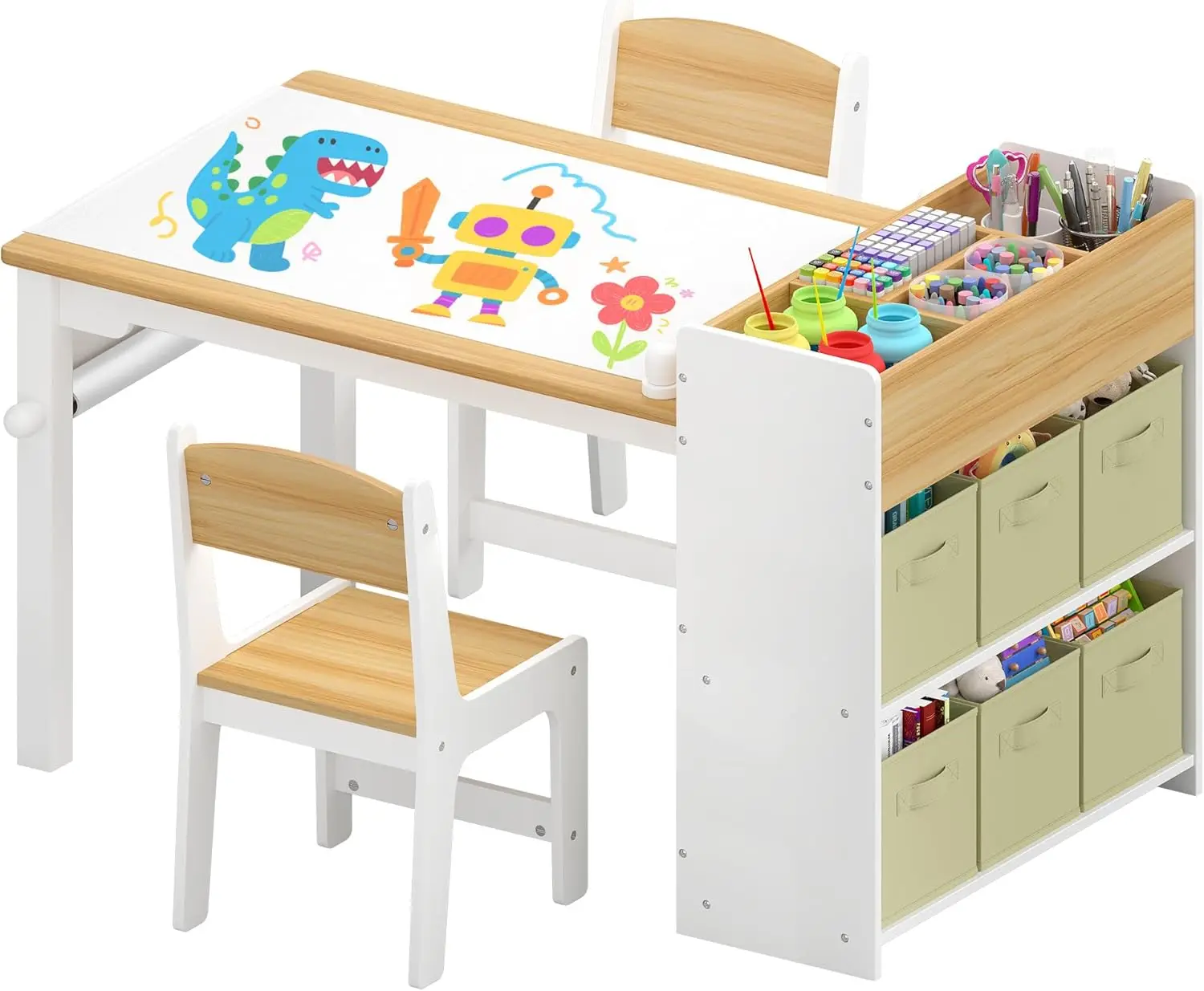 

Kids Art Table and Chair Set with Storage Bins & Paper Roll, Toddler Desk for Drawing Learning Play
