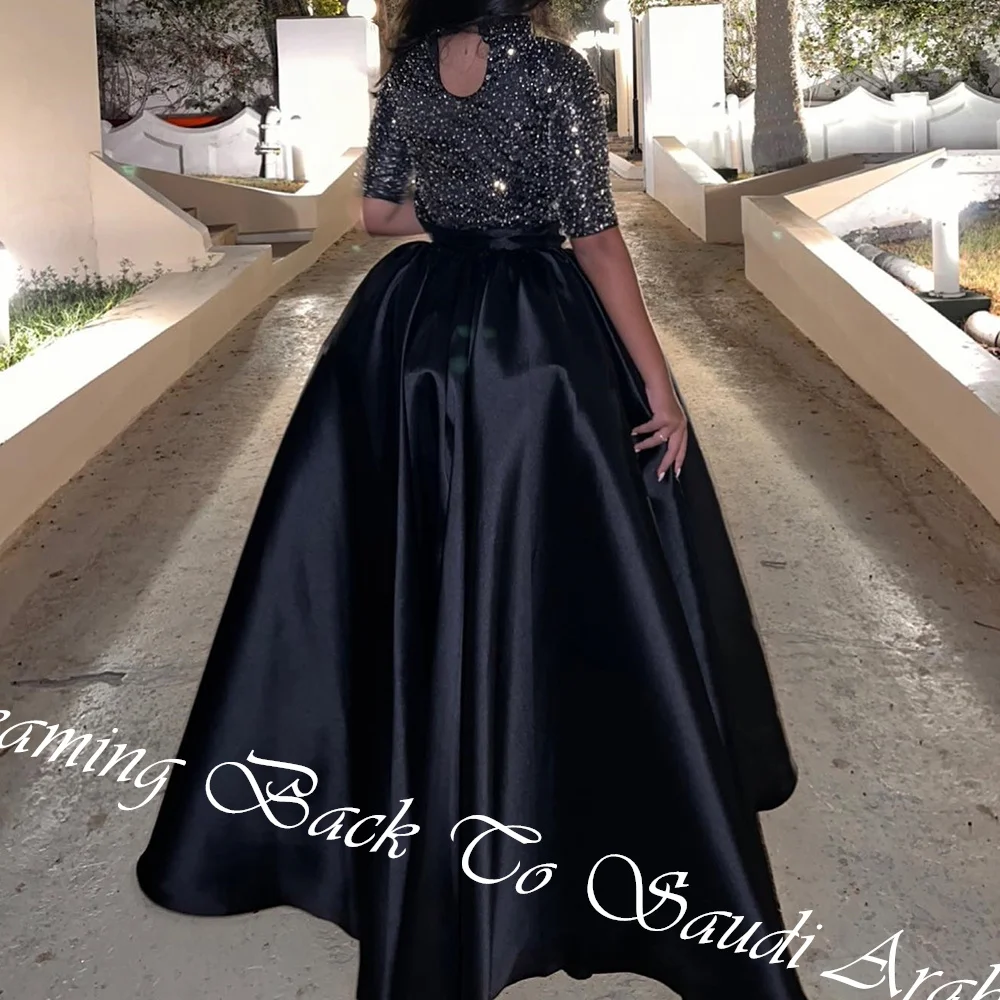 Customized  Delicate Crystal Draped High Neckline Floor Length A-Line Платье Вечернее Satin Short Sleeves Vestidos De