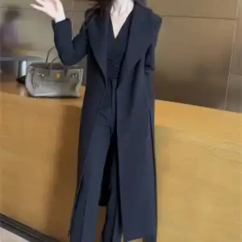 Women Professional Commute Two Piece Set Black Long Blazer Coat Split Trousers Elegant Outfit
