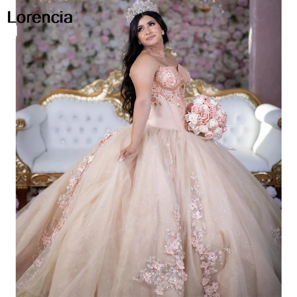 Lorencia-vestido De quinceañera para niña, traje De cuentas con apliques florales en 3D, color champán, para fiesta De cumpleaños y baile De 16 Años, YQD676