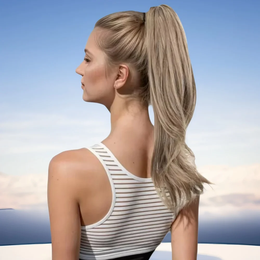 

Synthetic Claw Clip On Ponytail Extension 18Inch Long Layered Wavy Pony Tail Blonde Brown Fake Hairpiece for Women
