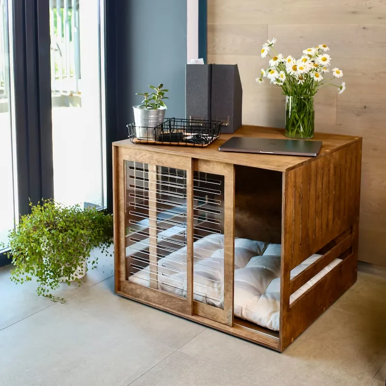 

Modern Dog Crate Wooden Dog Crate with Acrylic Front Panel and Door with A Latch Indoor Dog House