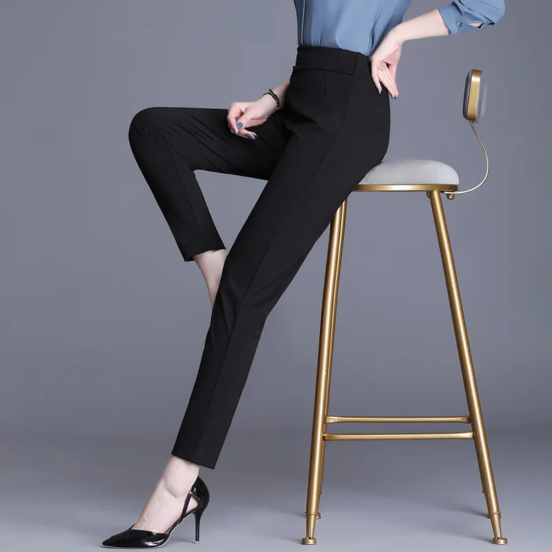 South Korean Office Women's 2023 Spring and Autumn High Waist Elastic Waist Halen Long Pants Black Button Bottom Pants Women's