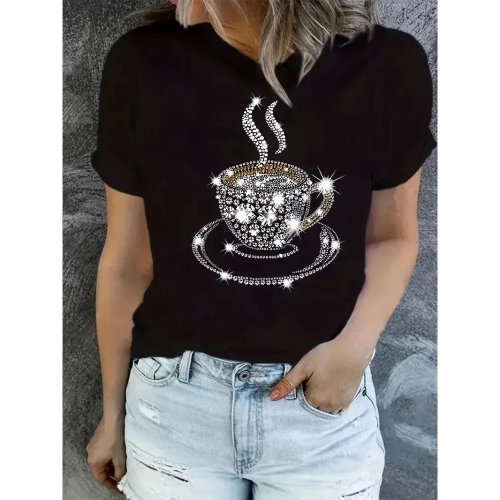 

Plus Size Tops Women's Casual Short Sleeve Crew Neck T-Shirt Vibrant Coffee Cup & Sparkling Gemstone Graphic Print Girl Clothes