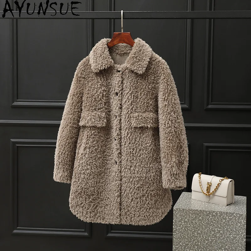 

AYUNSUE 100% Wool Fur Coat Women 2025 Mid-length Sheep Shearling Jacket Autumn Winter Clothes Woman Composite Fur Пальто Женское