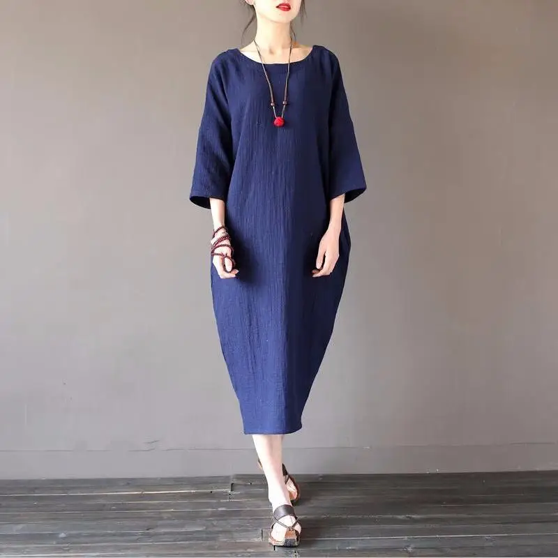 Sukienki z lnu i bawełny na jesień 2026 dla kobiet, plus size, nowe, vintage, luźne, z rękawem trzy czwarte, długie sukienki oversize 5XL 6XL — zdjęcie 6