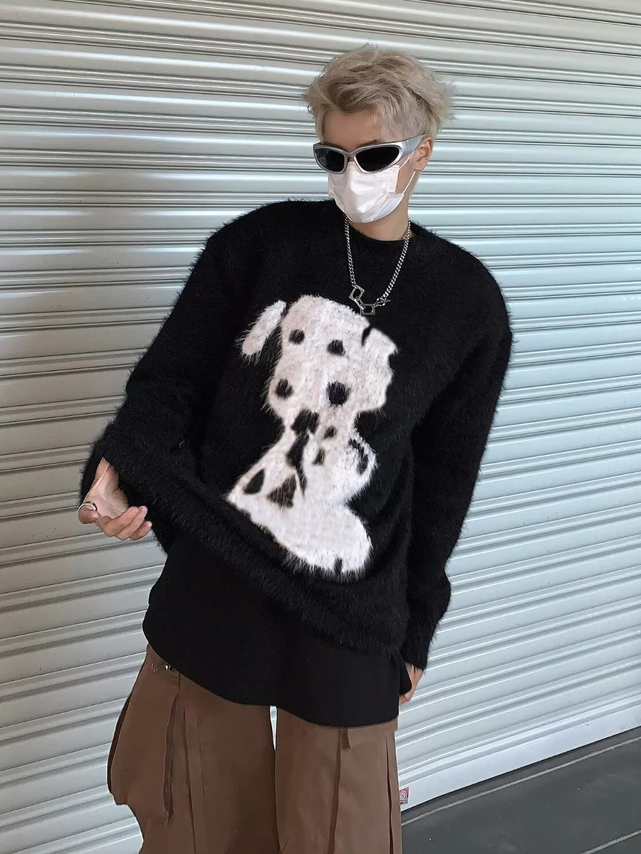 REDDACHIC Dalmatian Dog Crochet Mohair Sweater for Men Retro Black Round Neck Long Sleeves Oversized Jumper Top Casual Knitwear