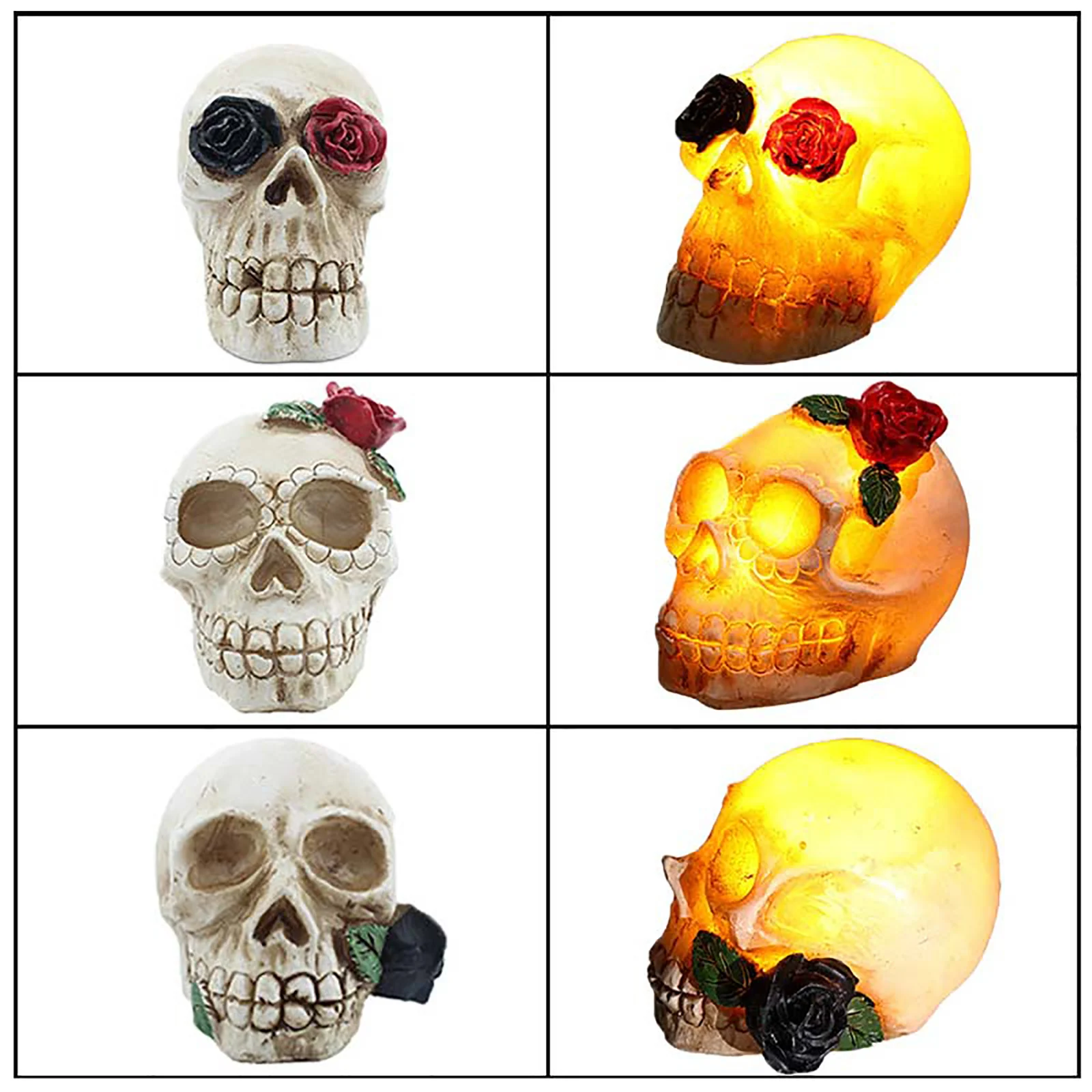 Halloween Skeleton Head LED Light Resin Horror Skull Statue with Flowers Night Lamp Home Ornament Halloween Bar Party Decoration