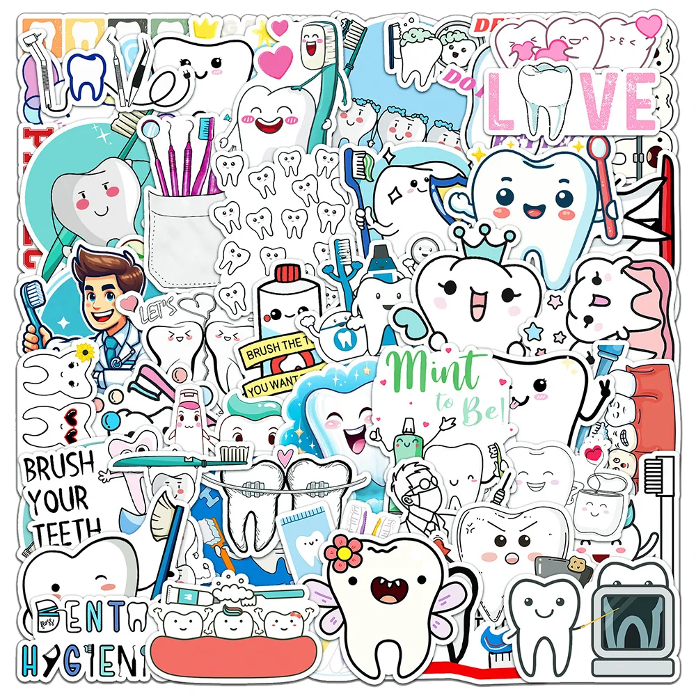 10/30/50 sztuk śliczne dentysta chroń naklejki na zęby zabawna szczoteczka do zębów zęby naklejka DIY bagaż deskorolka Laptop Cartoon naklejki paczki