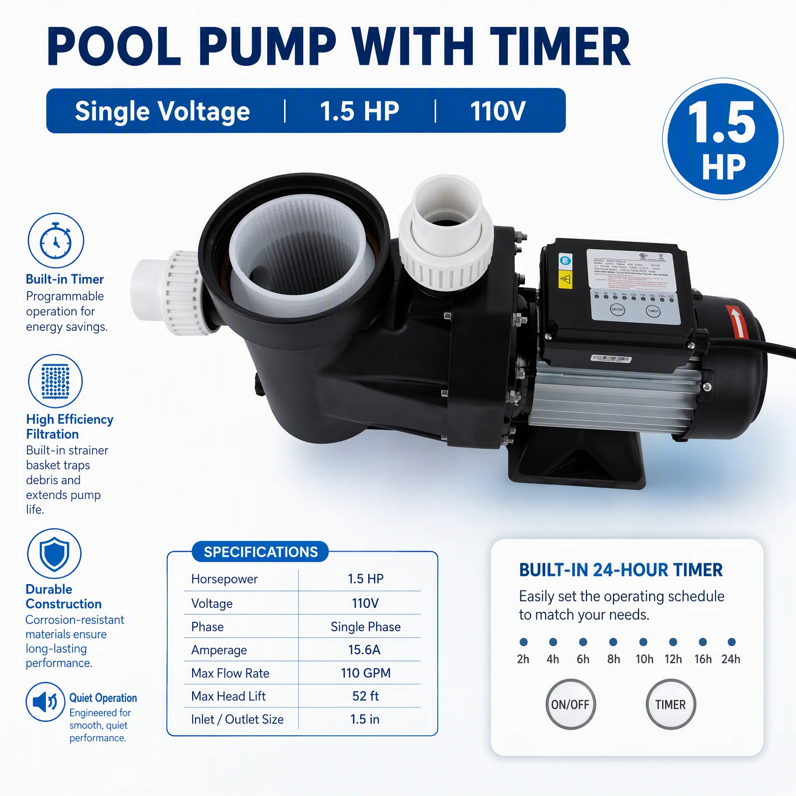 Single-Voltage Swimming Pool Pump - 1.5hp 110V - Timer 1100W Ground Pool Pump, Powerful Self Primming Swimming Pool Pumps, Pool Pump with Timer for Home Pools, Swimming Pools, Hot Tubs, And Spas
