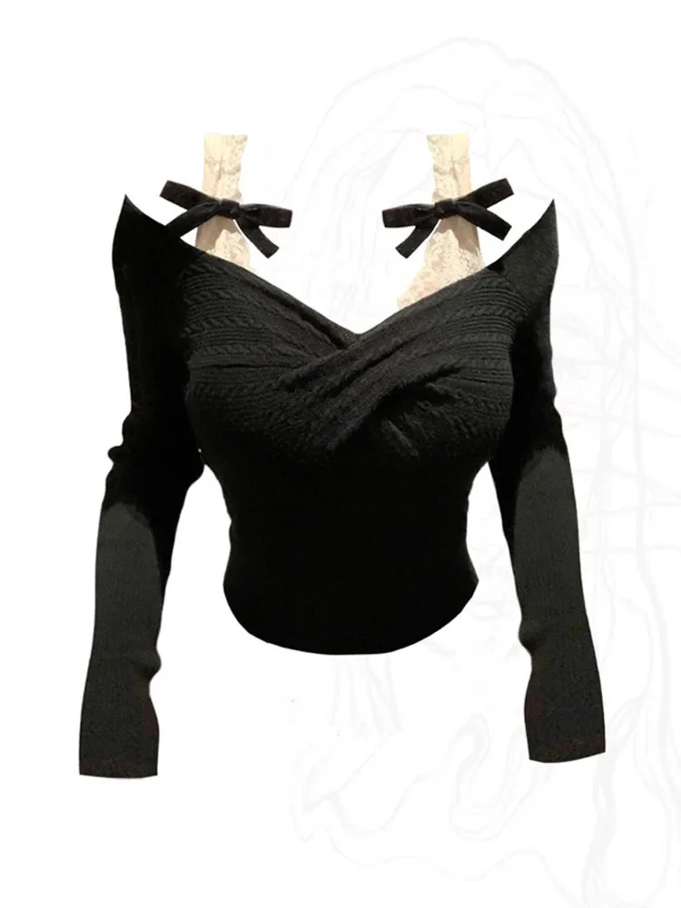 Spring Knitted Sweater Women Bow Fake Two Pieces Long Sleeve Slim Pullovers Black Chic Gothic Korean 2000s Vintage Y2k Clothing