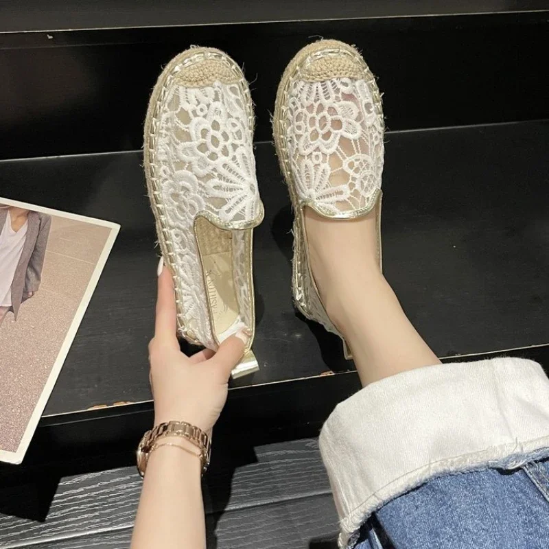 

Women's Flats Shoes 2025 New Elegent Flax Breathable Mesh Canvas Comfortable Women Elegent Weave Embroidery Pattern Shoes