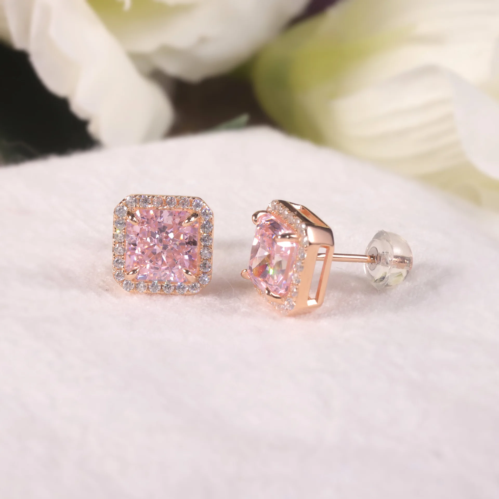 Girl's feelings ice flower cut pink diamond earrings s925 sterling silver inset zircons sugar earrings fresh earrings