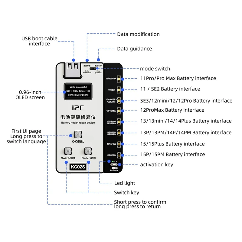

New Tech KC02S Battery Health Repair Device For Iphone 11-15PM Battery Free External Cable Change Efficiency Durable Easy Instal