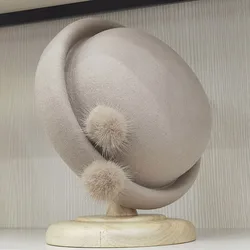 Designer Women Fascinator Beret with Real Fur Ball Dressy Wool Felt Winter Hat Pillbox Hat Wedding Occasion Headpiece Fedora Hat