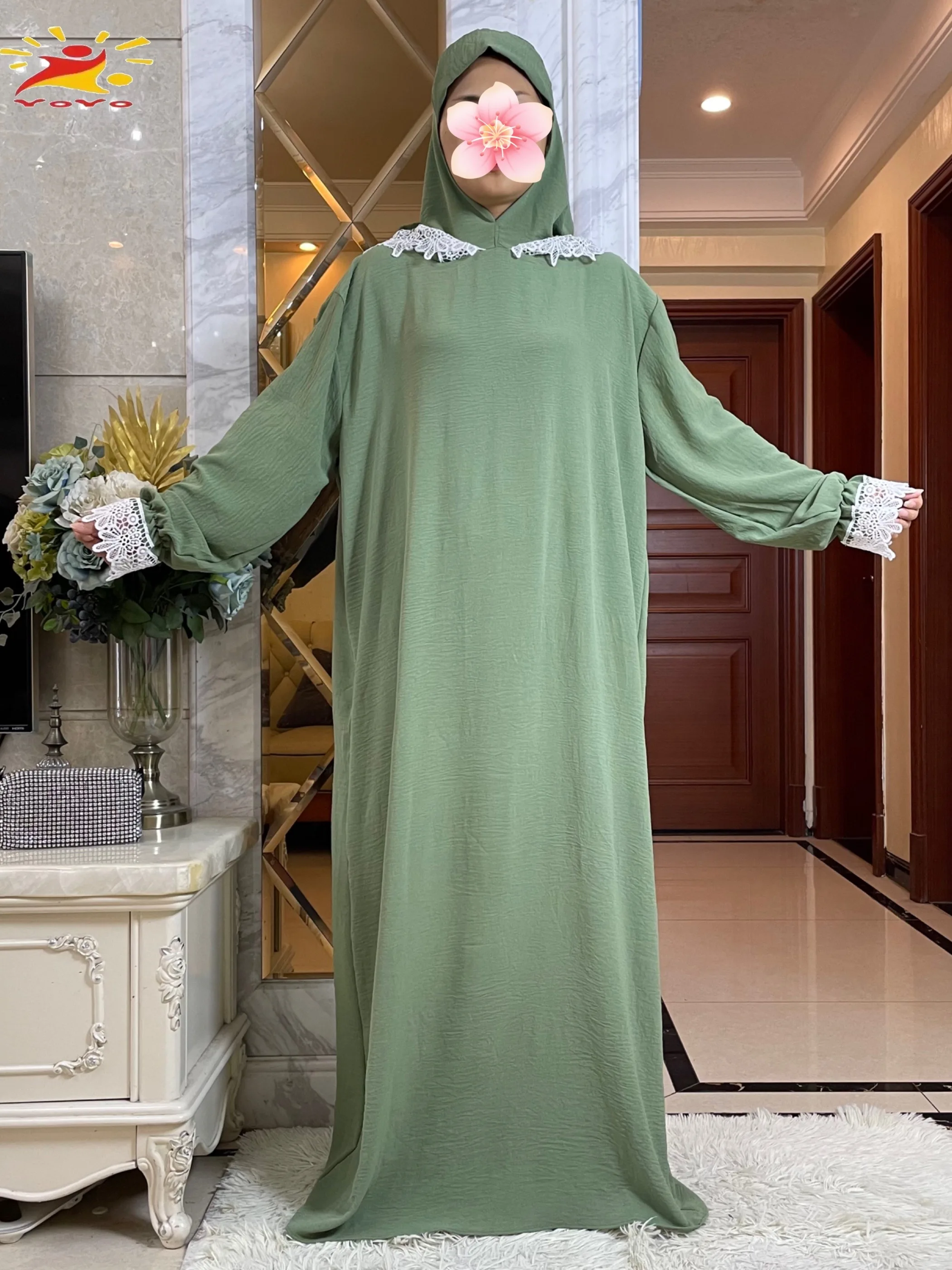 Muslim Two Lace Hats Dress Vestidos Eid Mubarek Abaya Women Fashion Long Robe Islamic Clothing Ice Silk Zou Fabric Long Sleeve