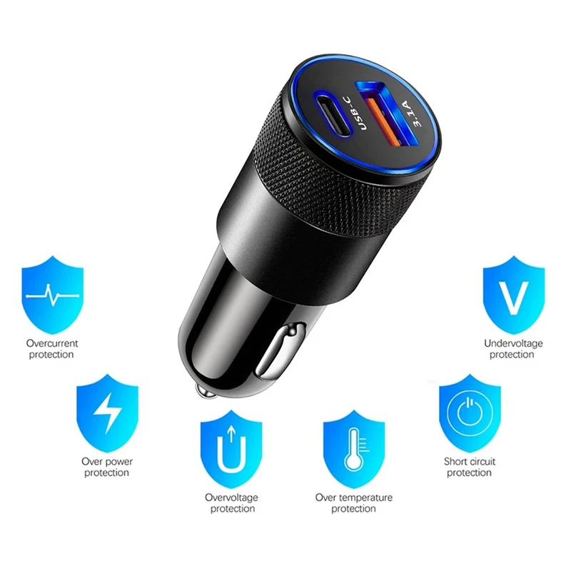 3.1A 15W USB + PD شاحن سيارة مدفع فولاذي صغير شاحن سيارة من سبيكة معدنية TYPE-C شاحن سيارة