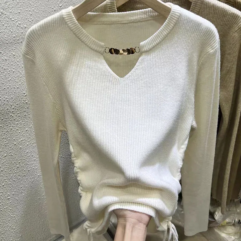 Suéter plisado de manga larga para mujer, ropa de punto, Top informal, elástico, Otoño e Invierno