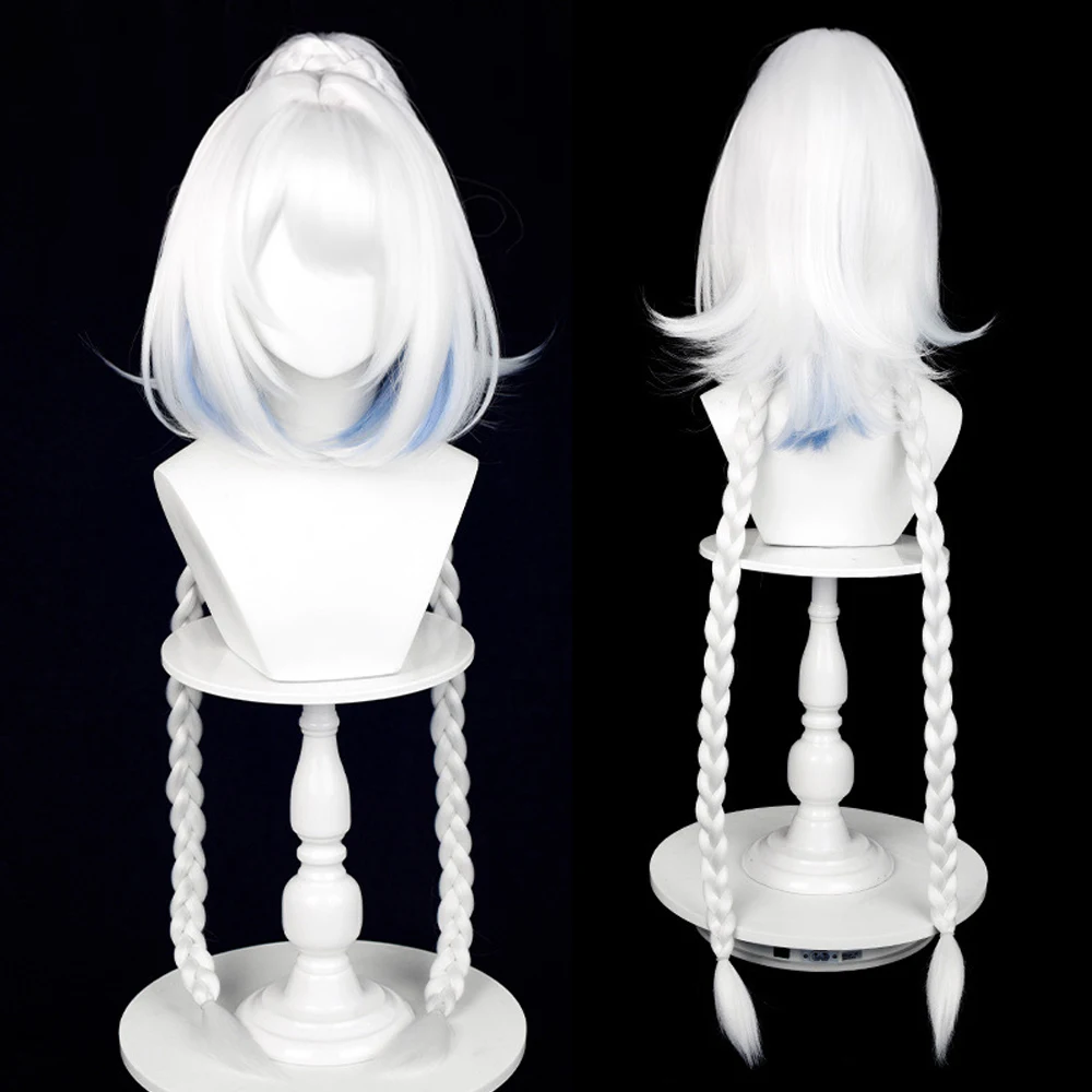 Genshin Impact Mualani Wig Synthetic Long Straight Ombre  White Blue Braid Game Cosplay Fluffy Wig for Daily Party